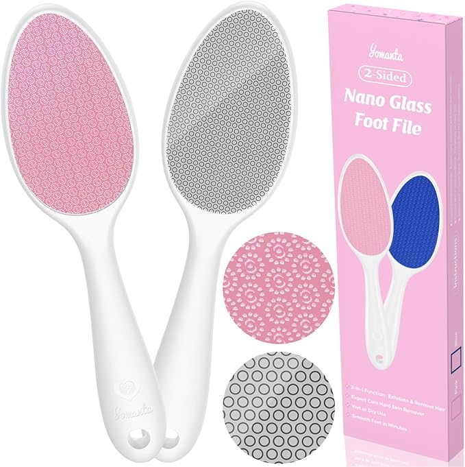 Foot File, Nano Glass Foot File Callus Remover with Handle, 2-in-1 Foot Scrubber Dead Skin Remover, Gentle Exfoliation Foot Buffer Pedicure Tools for Feet-Pink
