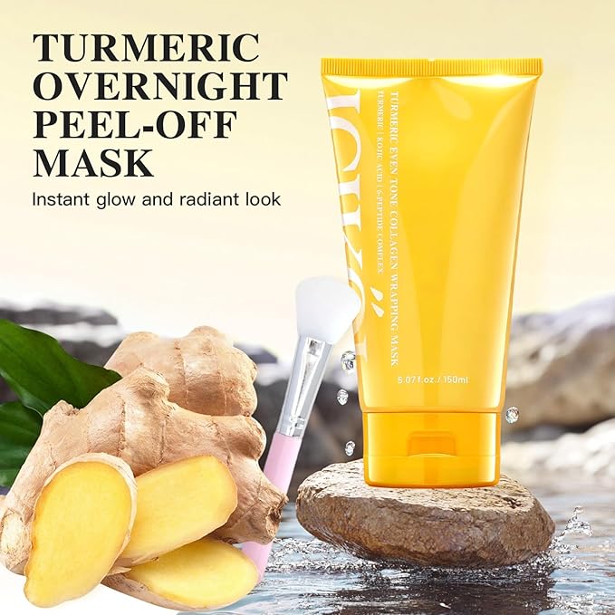 Turmeric Collagen Night Wrapping Mask, Kojic Acid Overnight Peel Off Face Masks with Vitamin C for Refresh Dullness Looking Skin, Hydrating Facial Masks Radiant Women Skin, 5.07 oz Large Size