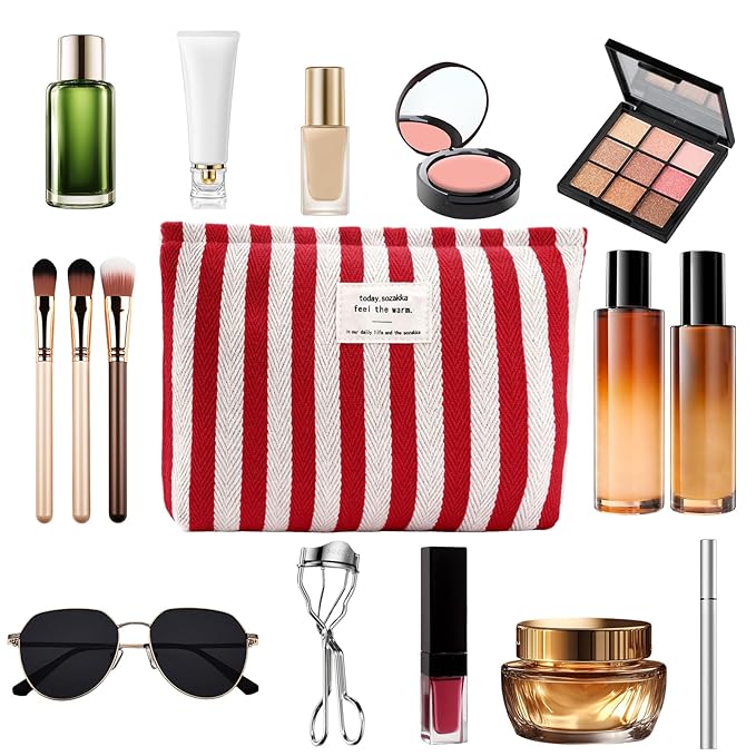 ZLFSRQ Striped Makeup Bag Large Canvas Travel Makeup Bag for Women Cosmetic Pouch Cute Red Striped Make Up Pouch for Purse Y2k Aesthetic Trendy Zippered Toiletry Bags Gift Skincare Storage Organizer