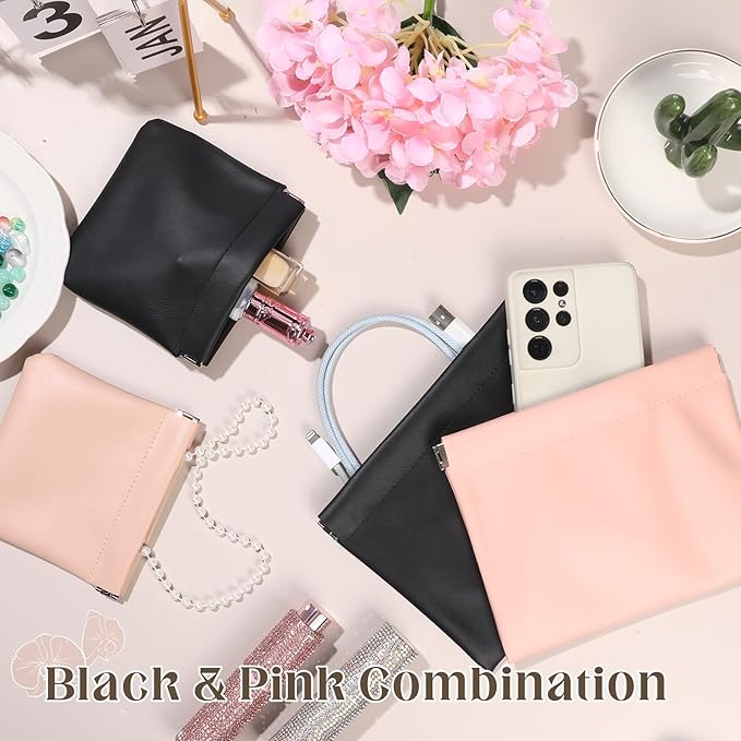ISKYBOB 4PCS Pocket Cosmetic Bag Squeeze Top, Small Makeup Bag for Purse Portable Mini Coin Change Purse Self-Closing Cosmetic Purse Small Leather Makeup Lipstick Organizer Pouches(BlackPink)