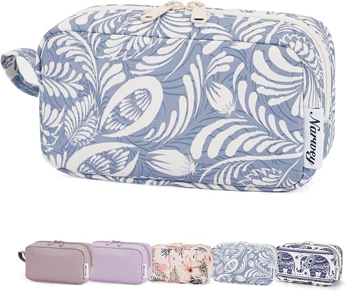 Narwey Makeup Bag, Mini Makeup Pouch with Zipper, Organized Pockets for Women (Blue Leaf, Small)
