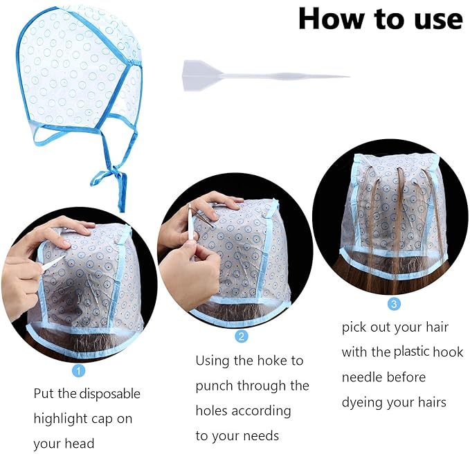 6 Pieces Highlighting Cap Hair Frosting Cap Highlight for Dye Color with Plastic Hooks Hair Coloring Salon Hairdressing Tool Kit Supplies(Blue)