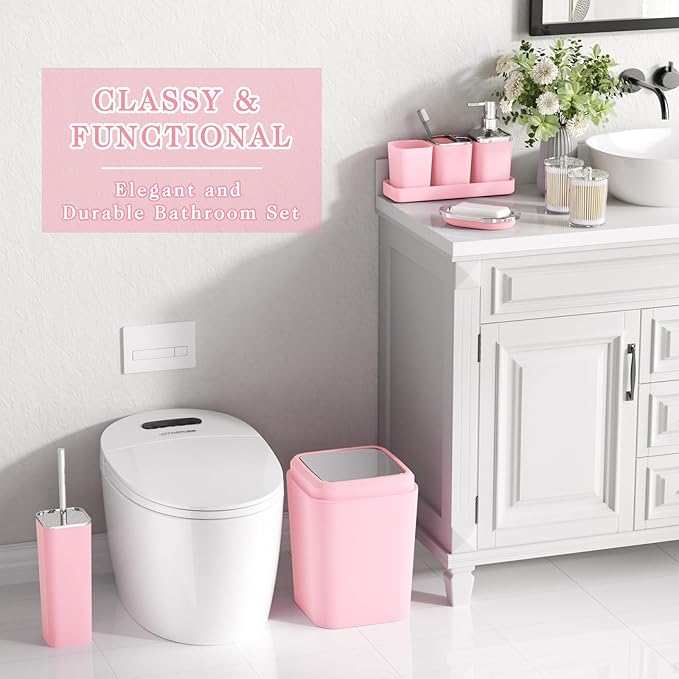 Bathroom Accessory Set–Bathroom Sets with Shower Curtain and Rugs, Non Slip Bathroom Rugs Super Absorbent, Pink Ombre Waterproof Shower Curtain with Hooks, Pink Bathroom Sets Complete for Home