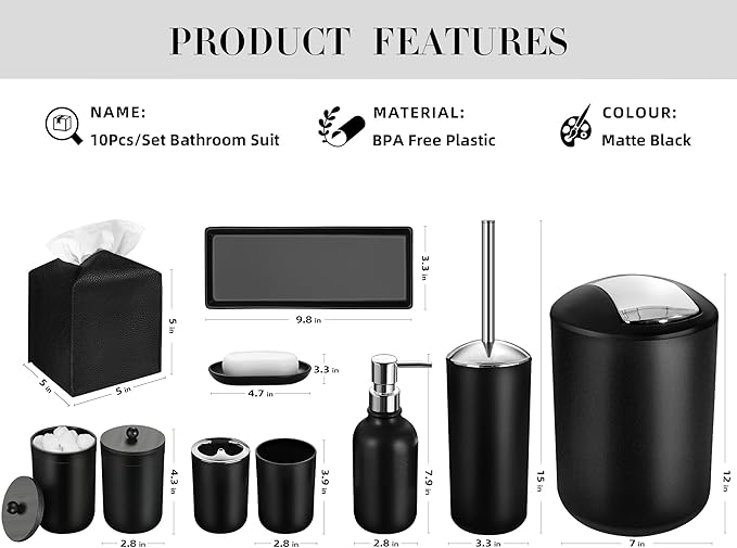 Black Bathroom Accessories Set, 10Pcs Bathroom Accessory Set with Trash Can, Soap Dispenser and Toothbrush Holder, Soap Dish, Cotton Ball & Qtip Holder, Toilet Brush Holder, Tissue Box Cover