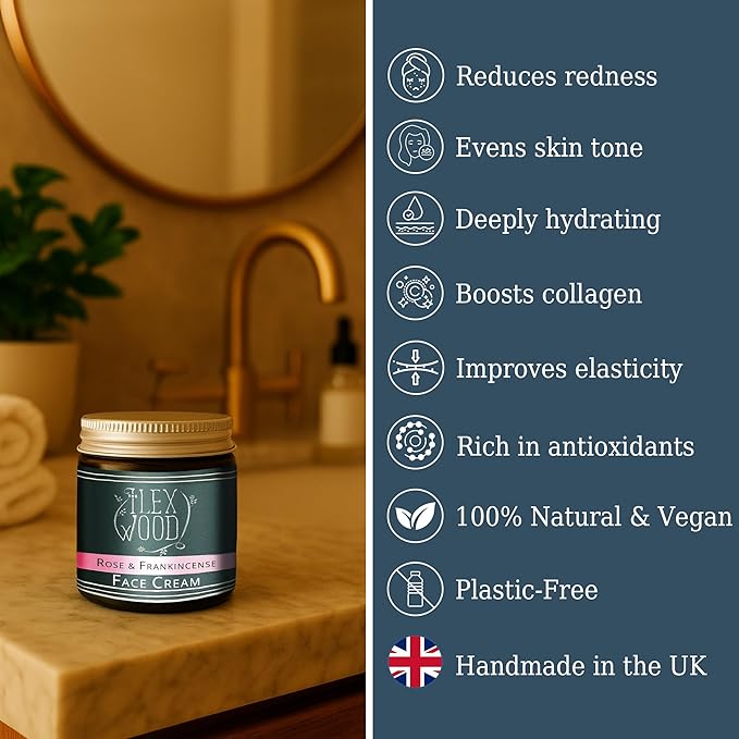 The Ilex Wood - Rose and Frankincense Face Cream - 100% Natural, Vegan, Moisturising, Anti Ageing, Wrinkle and Line Reducing Ingredients - 60ml (2.03 fl oz)