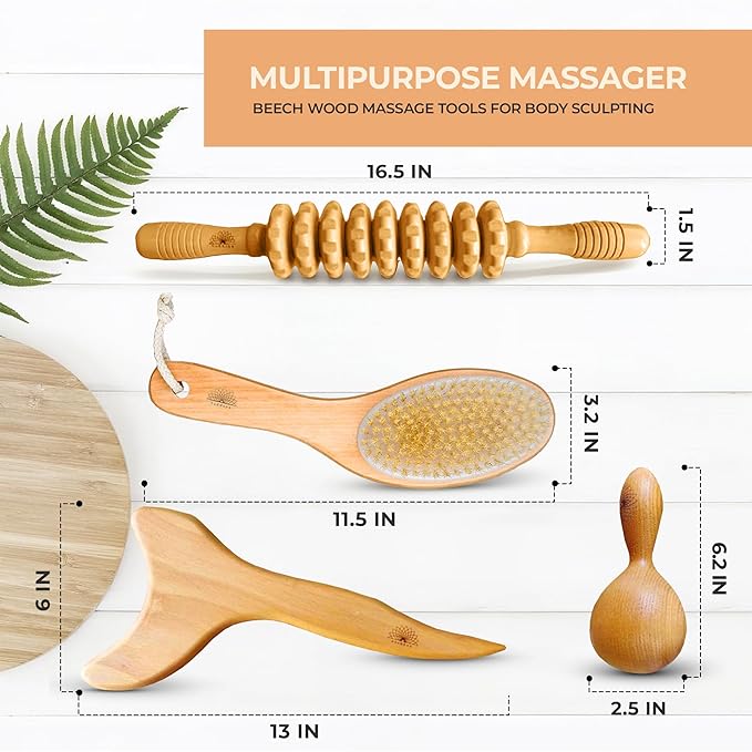 Wood Therapy Massage Tools 4 Pcs, Lymphatic Drainage Massager, Maderoterapia Kit, Anti Cellulite Complete Body Sculpting Tools for Total Relaxation & Relief (4 Pack)
