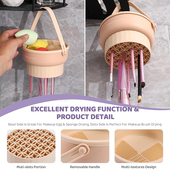 2 Pack Makeup Brush Cleaner Mat 3 in 1 Silicone Makeup Brush Cleaning Bowl Makeup Brush Sponge Scrubber Tool for Cleaning, Storage and Upside Down Drying, (Two Purple)