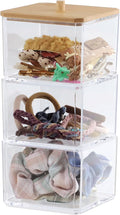 Clear Bathroom Dresser Organizer 3 Compartment with 1 Lid, Transparent Hair Accessories Organizer, Cotton Ball and Swab Holder, Small Plastic Storage Containers Vanity Makeup Organization (Wood Lid)