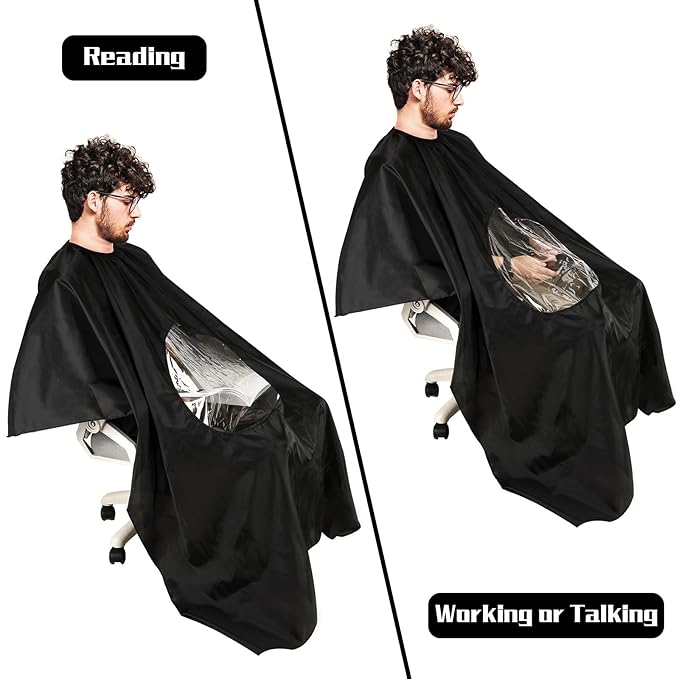 FEBSNOW Professional Black Barber Cape with Neck Duster Brush Large Hair Cutting Cape with See-Through Window Water-Repellent Salon Cape with Adjustable Elastic Neckline 55 Inch x 66 Inch