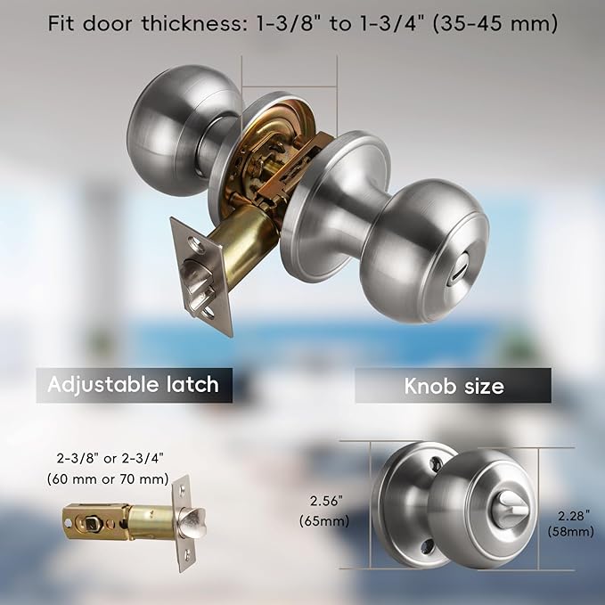 Brushed Nickel Door Knobs Interior,Bath & Bed Privacy Door Knob, Keyless Door Lock Round Doorknobs
