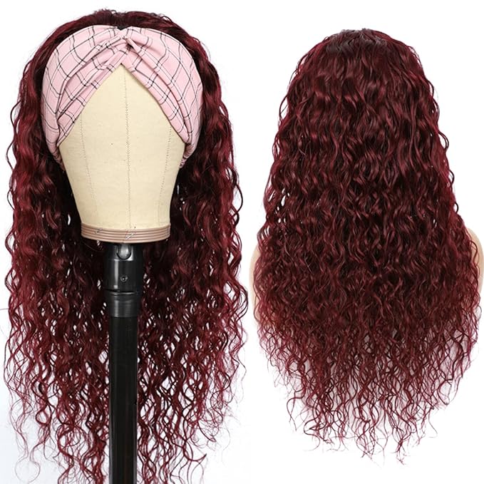 Aiterina Headband Wig deep wave human hair wigs for Black Women Brazilian Remy Hair Glueless Non Lace Front Wig 150% Density (8 inch, 99J)
