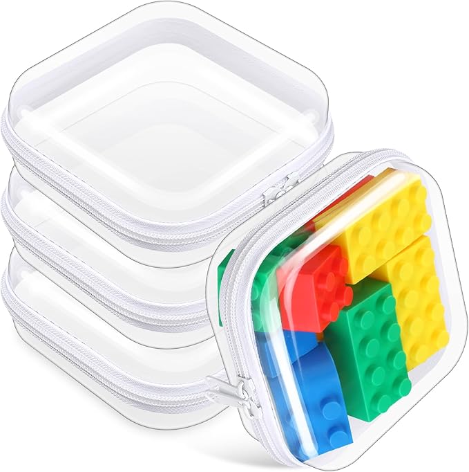 Hoolerry 4 Pcs Hard Clear Zipper Case Makeup Bags Plastic Zipper Pouch Transparent Storage Box Containers for Cosmetics, Snacks, Building Blocks, Puzzles(Clear,5 x 5 x 2 in,White)