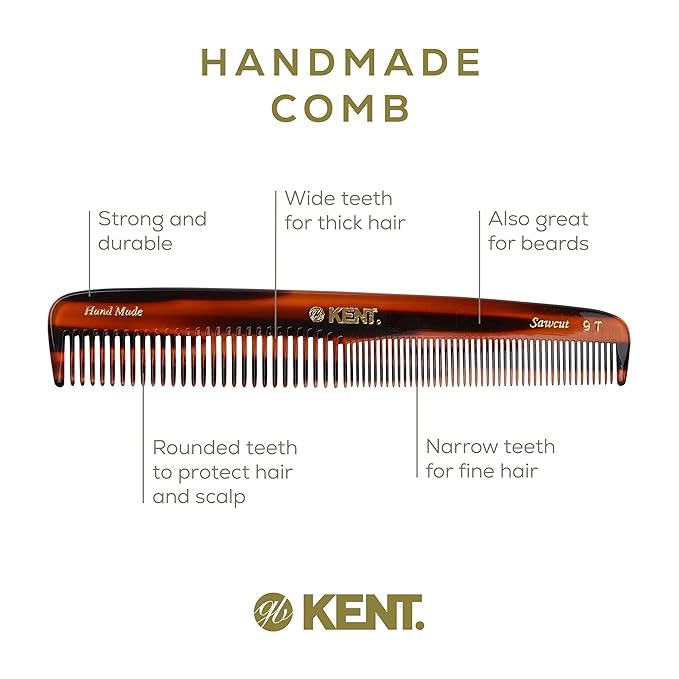 Kent 9T Tortoise Fine and Wide Tooth Detangler Hair Comb - Large Handmade and Saw-Cut Dressing Comb -for Wet and Dry, Hair Comb for Women and Durable Grooming Comb for Men, Made in England