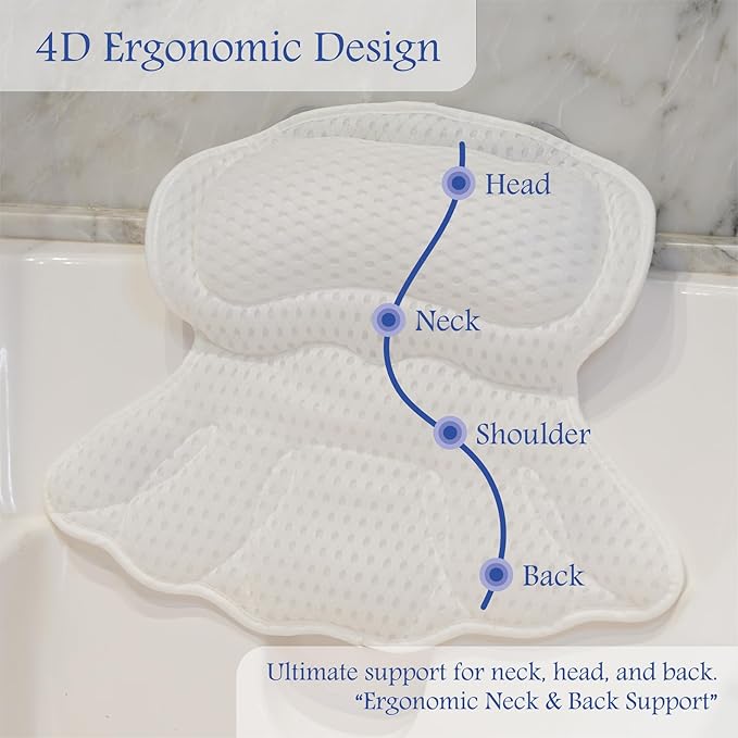 Bath Pillows for Tub Neck and Back Support Luxury Bathtub Pillow 4D Mesh Bath Pillow with Non-Slip Suction Cups Spa Bathtub Accessories Set with Bath Sponge & Scalp Massage Brush Relax Gifts for Women