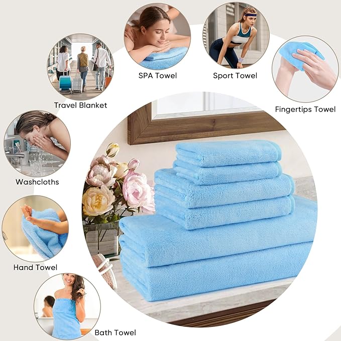 Orighty 6-Piece Towel Set - Soft & Lightweight - 2 Bath Towels, 2 Hand Towels, and 2 Wash Cloths - Absorbent & Quick Drying Microfiber Towel for Multipurpose, Bathroom, Gym, Sport, Yoga, Travel-Blue