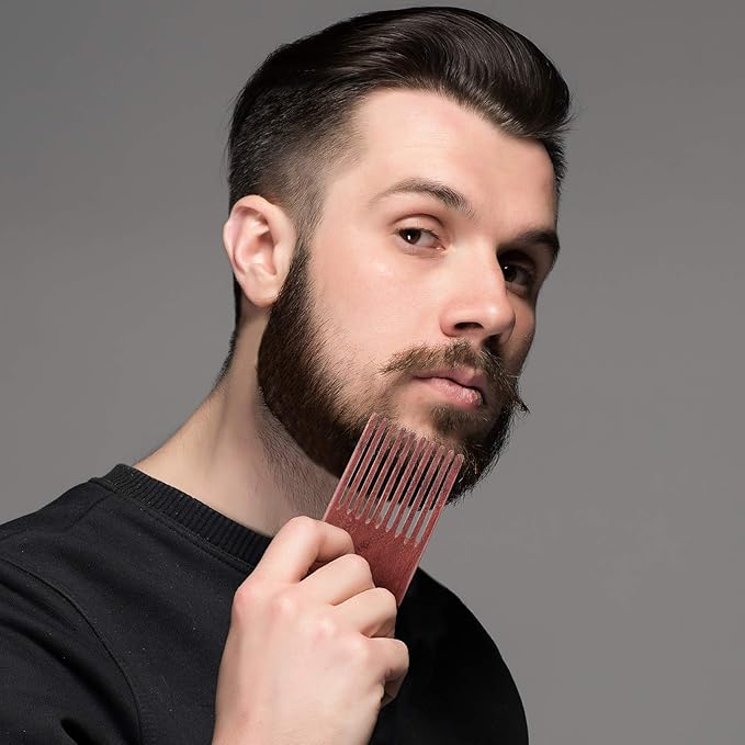 2 Pieces Wooden Beard and Hair Combs - Long-Tooth Detangling Combs for Women and Men (Natural Color, Reddish Brown)