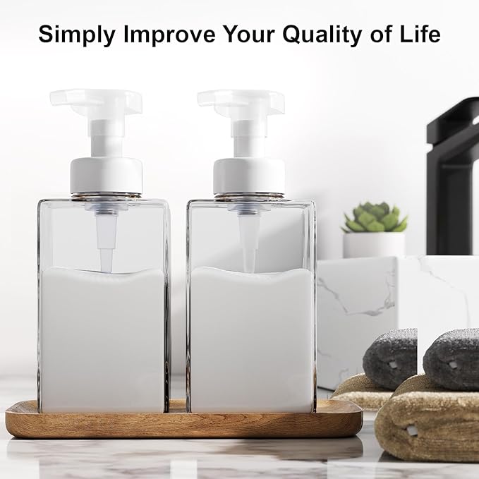 Foaming Soap Dispenser for Bathroom & Kitchen 15 Oz, Refillable Foam Hand Soap Dispenser for Liquid Soap, 2Pcs Foam Pump Bottle with Waterproof Labels, Clear
