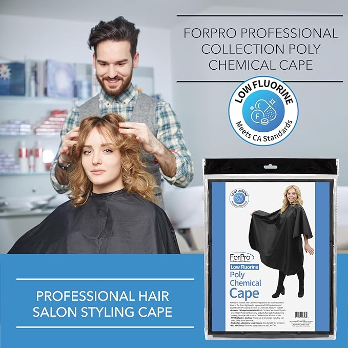 ForPro Low Fluorine Poly Chemical Cape, Professional Hair Salon Styling Cape with Adjustable Snap Closure, 58” L x 47” W, Black