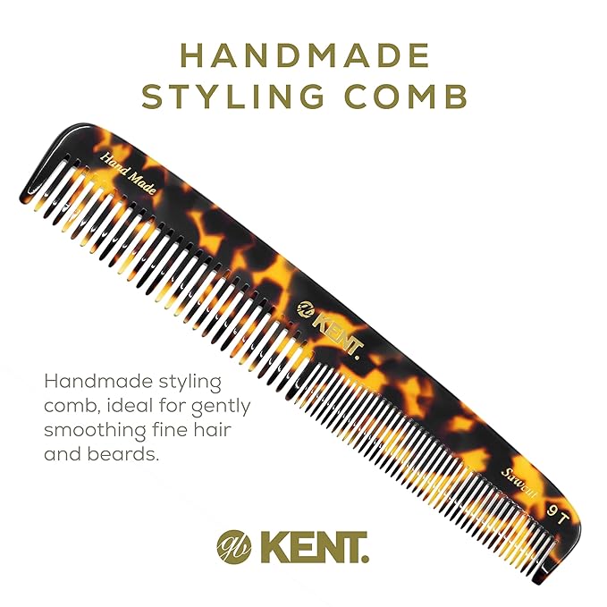 KENT 9T Fine Tooth & Wide Tooth Comb Detangler - Large Handmade Saw-Cut Dressing Comb - Wet/Dry Hair Comb for Women & Men, Made in England (Yellow Tokyo), 1 Count