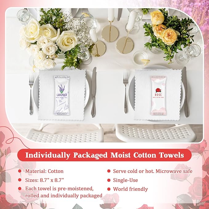 Timgle 50 Pcs Moist Towelettes Individually Wrapped Scented Disposable Face Towels Essential Oil Infused Moist Terry Cotton Towel for Use Hot or Cold Travel Body Spa(Rose, Lavender)