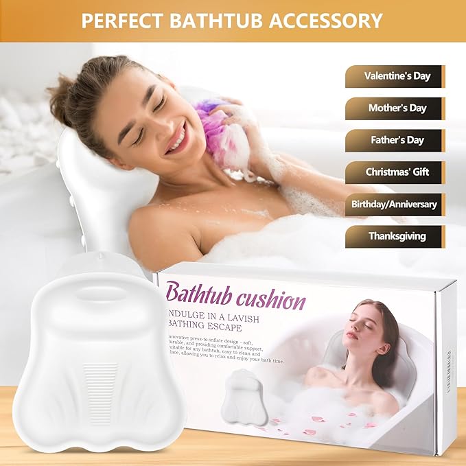 Silicone Bath Pillows for Tub - Adjustable Firmness Bathtub Pillow for Offering Perfect Head Neck & Back Support, Bath Pillow Cushion for Epsom Salt Soaking – Spa Gifts for Women & Parents, White