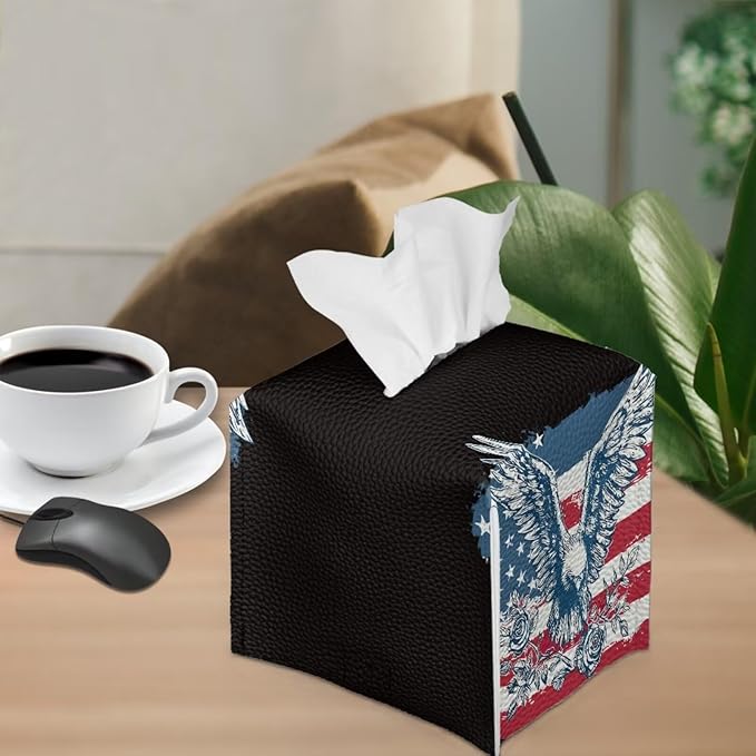American Flag Eagle Tissue Box Holder Waterproof PU Leather Square Modern Tissue Box Cover with Metal Button Napkin Holder for Home Office Car