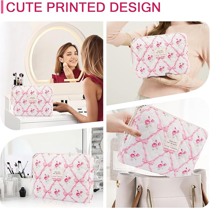 2PC Makeup Bag Set, Cute Cosmetic Bag for Women Girls, Floral Coquette Aesthetic Toiletry Bag, Travel Make Up Organizer Bag (Pink bow)
