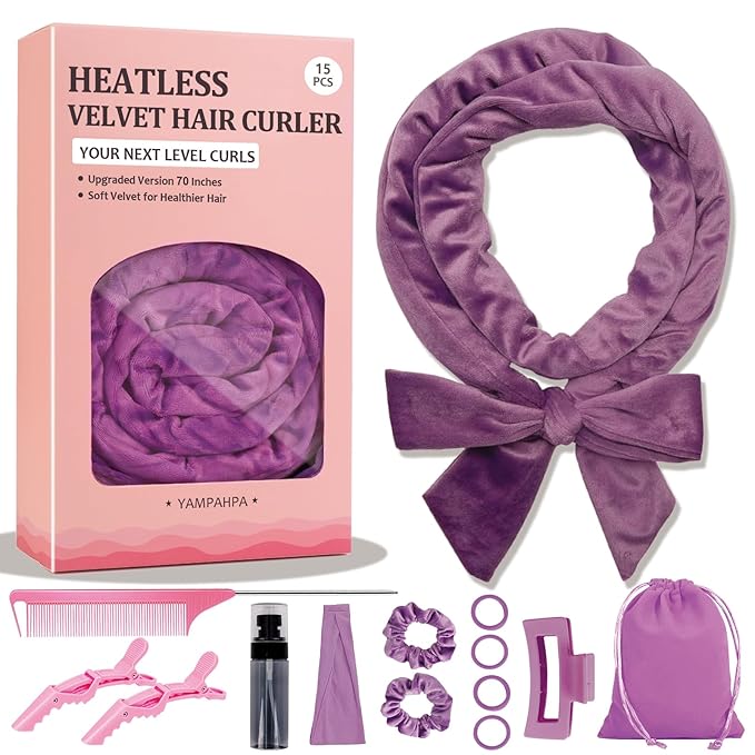 Heatless Curls Overnight Headband, 70'' No Heat Hair Curlers for Medium Long Hair, Purple