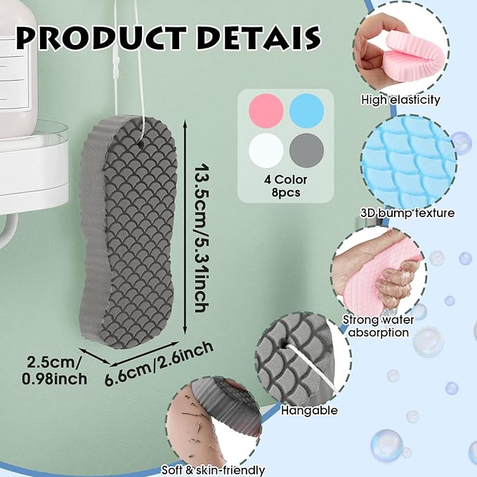 8-Pack Magic Exfoliating Bath Sponge - 3D Super Soft Body Dead Skin Remover - Reusable Deep Cleansing Scrubbing Sponge for Adults and Sensitive Skin (Multi-Color)
