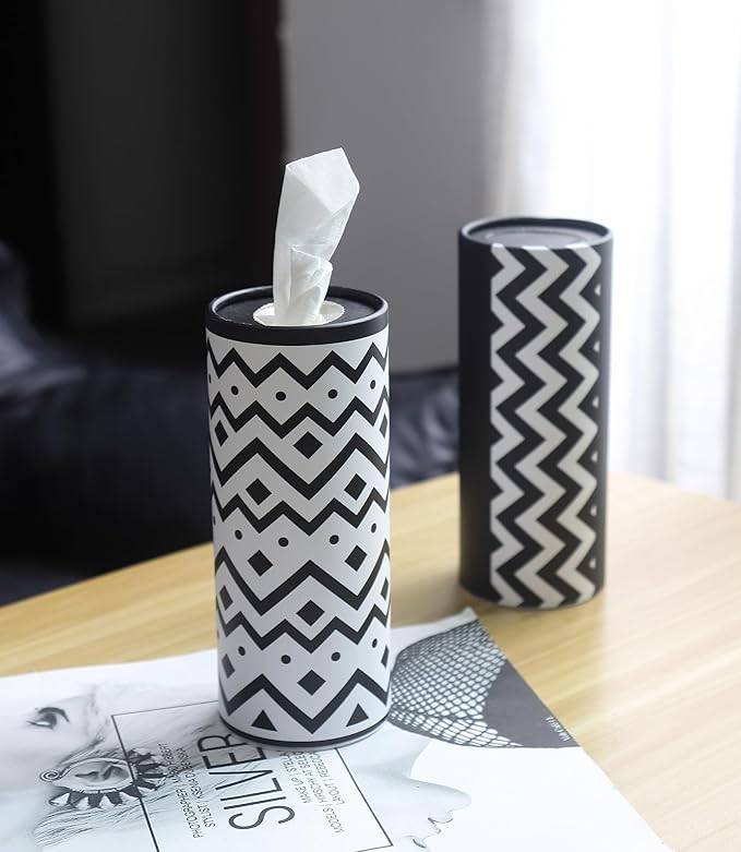 Winoo Design Small Car Tissues Holder - 4PK Modern Black Plastic & Resin Facial Tissues Cylinder - Fits Most Car Cup Holders - Travel Tissue Tubes Box Container