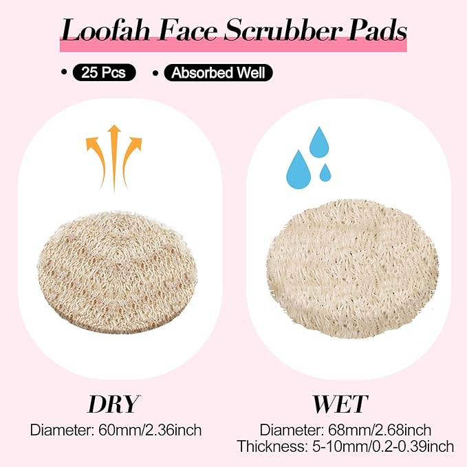 Bokon Loofah Exfoliating Face Pads 2.36 Inches Round Natural Loofah Sponge Body Face Scrubber Remove Dead Skin Facial Pad Bulk for Bath Shower Spa Skin Cleaning Women Men(25 Pcs,Beige)