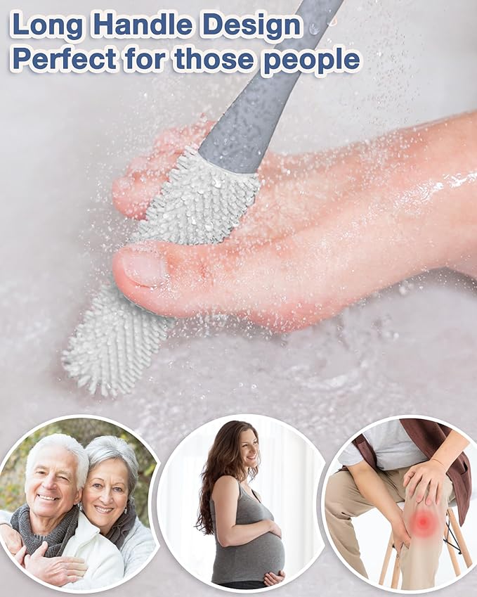 2 Pack Toe Cleaning Brush,15.7" Long Handle Silicone Foot Scrubber Bath Brush Bathroom Cleaner for Seniors Elderly Men and Women (Grey)