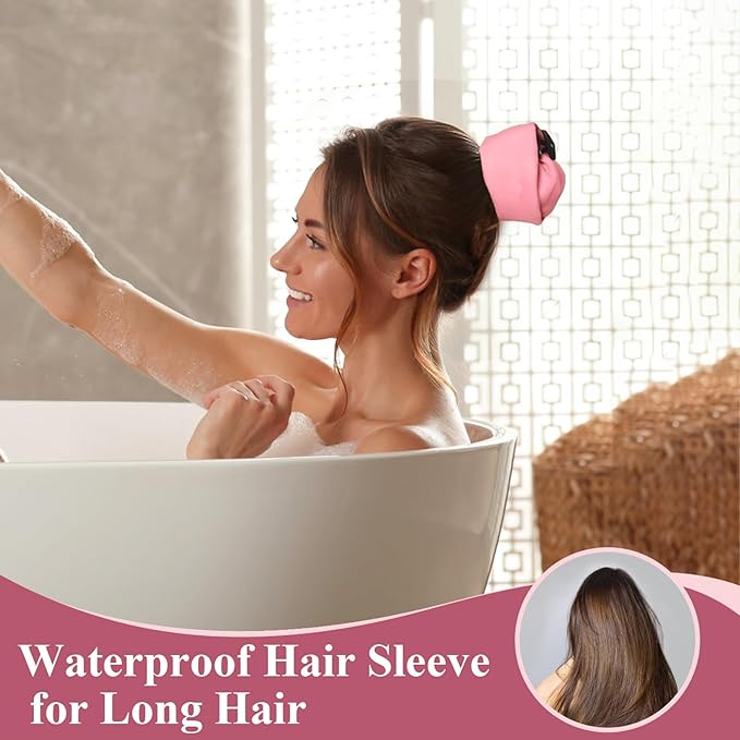 2PCS Crown Washing Shower Cap Waterproof Hair Sleeve for Long Hair, Reusable & Adjustable Wash Cap for Quick Root Refresh, Protect Styled Hair Locs Braids for Shower Gym Travel Beach(Black+Pink)
