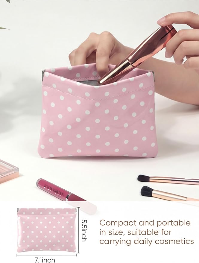 Dots Leather Makeup Pouch Set for Women Small Make Up Bag for Purse Waterproof Initial Makeup Cosmetic Bags Pouches for Purse Aesthetic Travel Toiletry Bag,Pink White