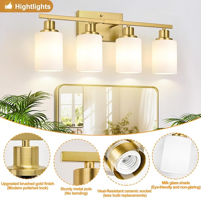 4-Light Bathroom Light Fixtures, Brushed Gold Vanity Lights with Milk Glass Shades, Modern Bathroom Wall Lamp for Mirror Living Room Bedroom Porch
