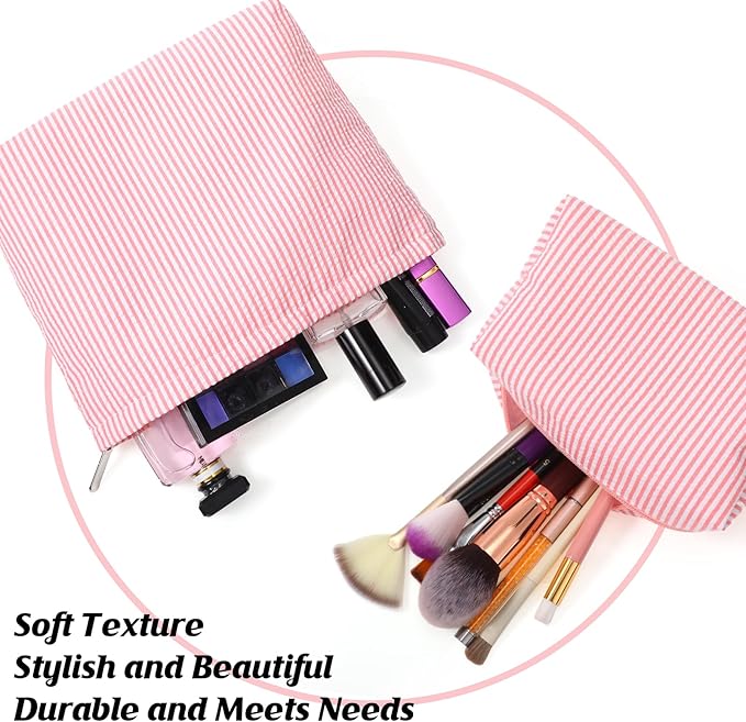 2 Pcs Makeup Bag Set Cute Cosmetic Pouch for Women Seersucker Travel Toiletry Bag Preppy Small Makeup Purse Pouch Aesthetic Skincare Brushes Storage Organizer for Valentine Women(Rose Pink)