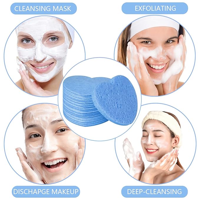 50-Count Facial Sponges Compressed, 100% Natural Cellulose Face Sponge Professional Cosmetic Spa Sponges for Face Cleansing, Exfoliating Mask, Makeup Removal for Travel and Home, Blue