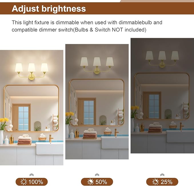Bathroom Vanity Light, Brushed Gold Bathroom Light Fixtures, 3-Light Lighting Fixtures Over Mirror, Modern Wall Sconce with Flared White Fabric Shade, E26 Socket(ETL Listed)