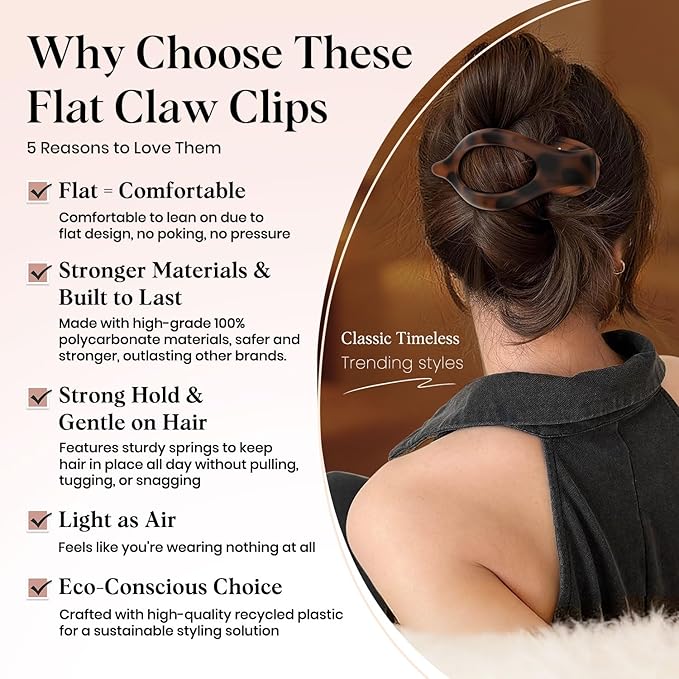 6 PCS Large Flat Hair Clips for Women, French Concord Lay Down Flat Claw Clips for Thick Thin Hair, Comfortable Curved Hair Clip, Matte Non-slip Strong Hold Hair Accessories, Tortoise & Black