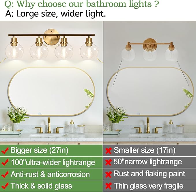 4-Light Bathroom Light Fixtures,Gold Modern Vanity Lights Over Mirror with Clear Glass Globe Shade, Bathroom Wall Sconces for Mirror Kitchen Living Room Hallway Cabinet Bedroom Porch