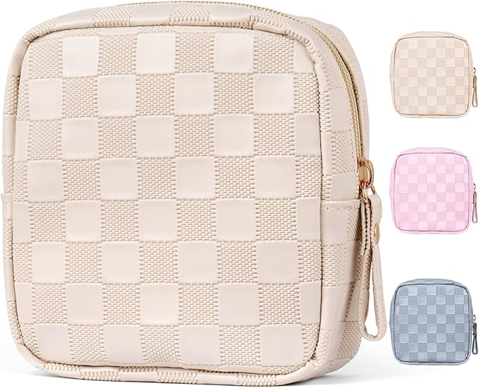 MAGEFY Small Makeup Bag for Purse, Checkered Makeup Bag Small Pouches for purse Leather Mini Make Up Bag Cute Cosmetic Bag for Women with Slip-in Pockets.Beige