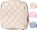 MAGEFY Small Makeup Bag for Purse, Checkered Makeup Bag Small Pouches for purse Leather Mini Make Up Bag Cute Cosmetic Bag for Women with Slip-in Pockets.Beige