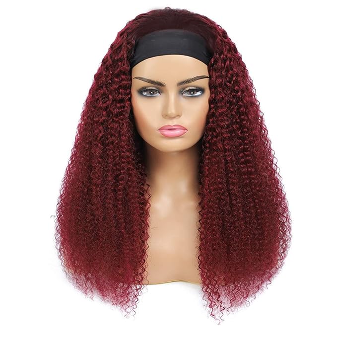 XSY Headband Wig Human Hair Deep Wave 99J Red Burgundy Human Hair Headband wigs for women Glueless None Lace Front Wig Machine Made 150% Density 22 Inch