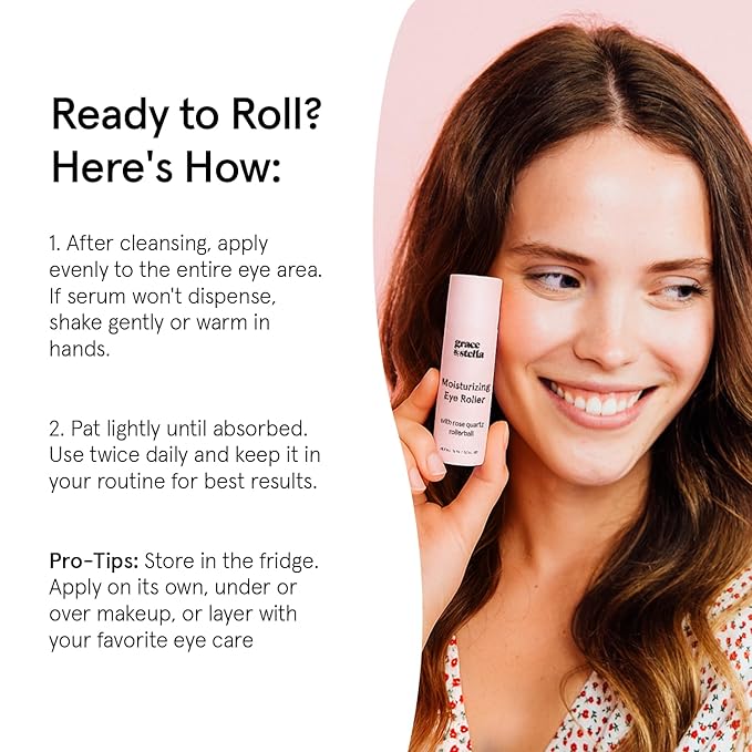 grace & stella Under Eye Brightener with Rose Quartz Rollerball - Centella Asiatica & Caffeine Under Eye Serum for Dark Circles & Puffiness - Travel Essentials, Gifts for Women, Vegan (15ml/0.51floz)