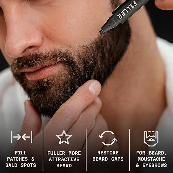 Striking Viking Beard Filler Pencil - Pack of 2, Medium Black, 4-Tip - Gap Contouring with Beard Shaper - Sweatproof Waterproof Touch-Ups with Barber Brush - Comb for Men & Mustache Brush Kit
