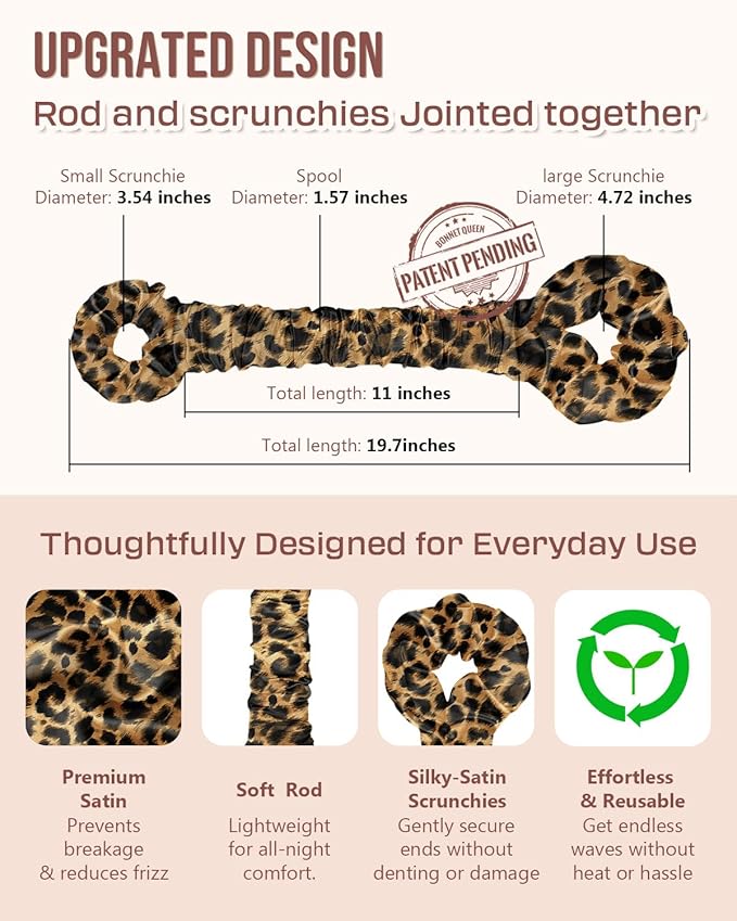 BONNET QUEEN Multi-function Satin Heatless Hair Curler & Hair Tie Non-Heating Hair Roller Curling Rod with Scrunchie, Large, Leopard(For Big Curls)