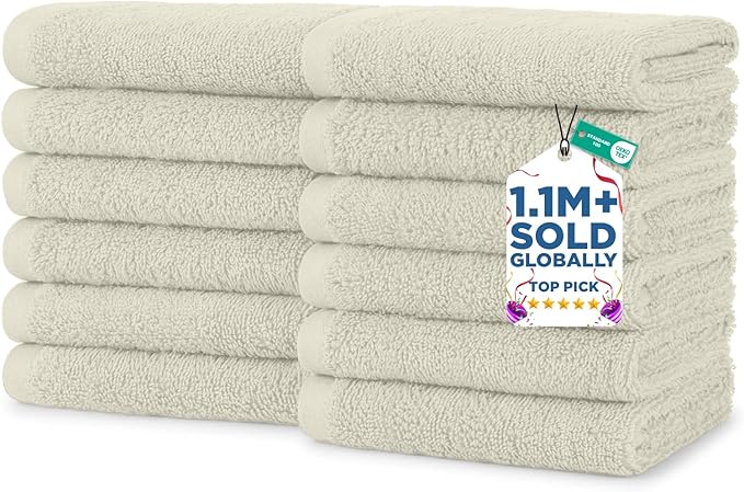 DAN RIVER 12 Pack Wash Cloths for Showering [12x12] - 100% Cotton Washcloths Premium Quality Flannel Face Cloths for Bathroom, Highly Absorbent and Soft Feel Wash Clothes, Ivory