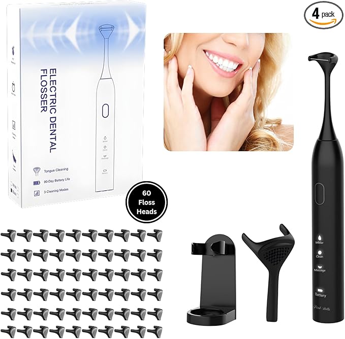 Electric Dental Flosser| Tongue Scrapper| Gum Massager and Stimulator for Adults and Kids| 60 Reuseable Floss Heads| A Better Alternative to Water Flosser