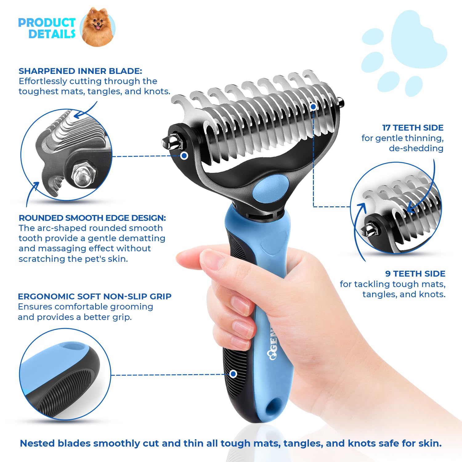 Undercoat Rake for Dogs & Cats, Dematting Comb with Extra Wide Double-Sided Stainless Steel Teeth for Detangling, Deshedding, Brushing, Thinning & Removing Shed Fur, Knots, Mats, and Tangles in Pets