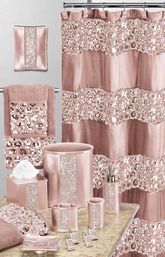 Zahari Home 4pc Sinatra Stylish Bathroom Accessories Set Liquid Soap Dispenser, Tumbler, Tooth Brush Holder and Soap Dish Modern Classic Luxury Decor Bling Mosaic Glass Blush Bathroom Accessories
